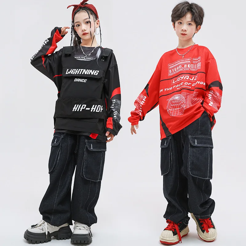 

Kid Hip Hop Clothing Red Letter Sweatshirt Vest Top Black Casual Denim Cargo Pants Jeans for Girl Boy Jazz Dance Costume Clothes