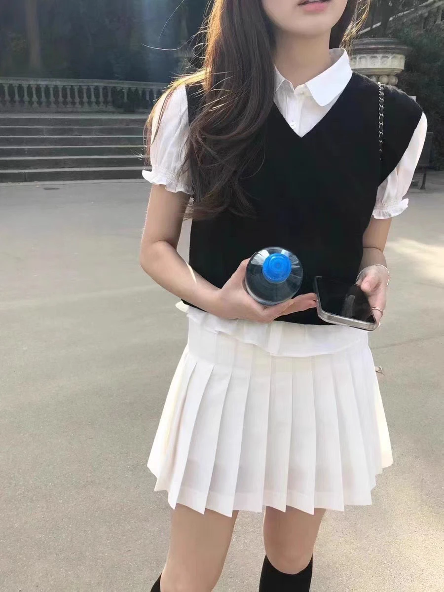 

High Waist Pleated Skirt Korean Sle Spring New Arrival Women's Faion Simple Color Commute Sle ort Skirt