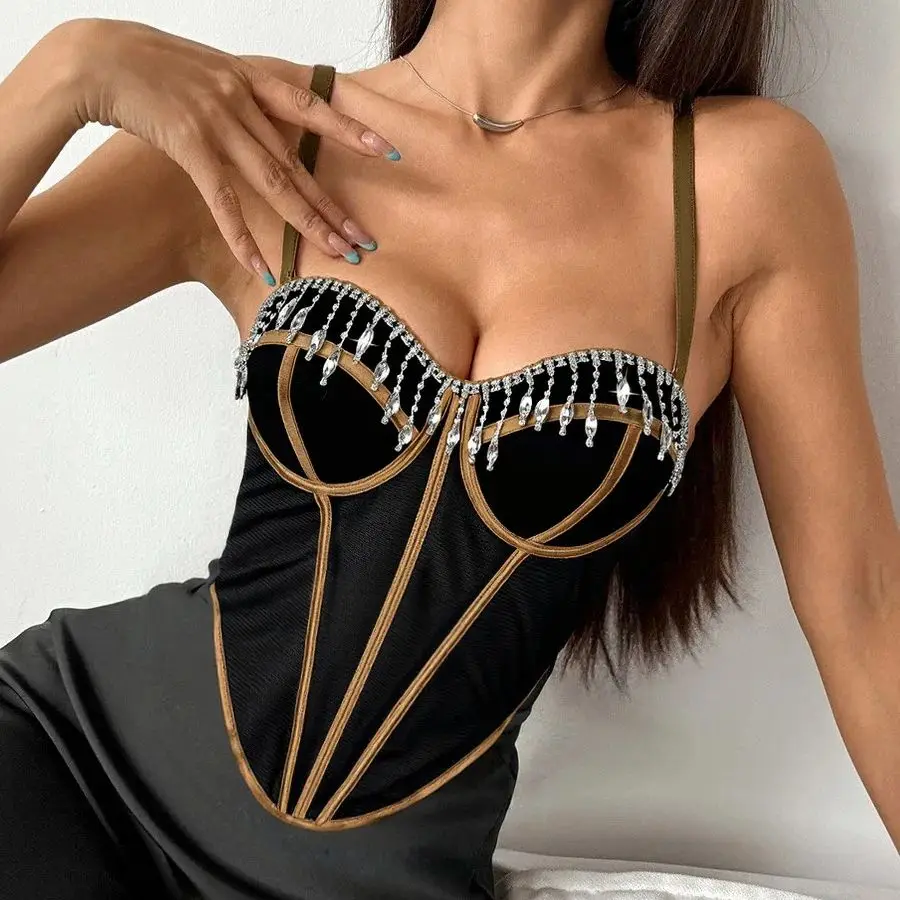 

Rhinestone Tassel Fishbone Tops Bra Cups Shaper Strap Camisole Fashion Corset Bustier Summer Women Sexy Sleeveless Slim Fit Vest