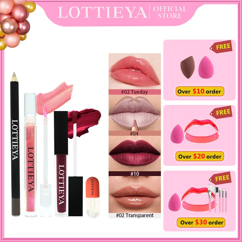 

LOTTIEYA 4 PCS Lip Gloss Stick Long Lasting Matte Lipstick Waterproof Lip Glaze Shimmer Lipliner Pen Moisturizing Lip Plumper