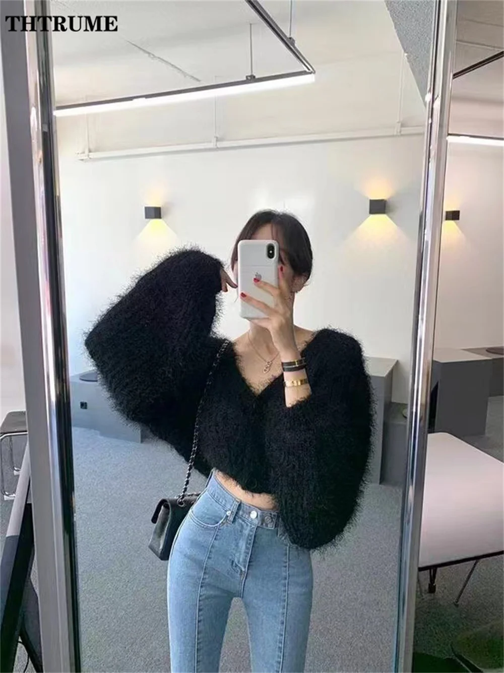 Sexy V-Neck Women Knit Sweaters Fashion Autumn Winter Warm Single Breasted Jumper Crop Tops Casual Solid Korean Fleece Cardigans