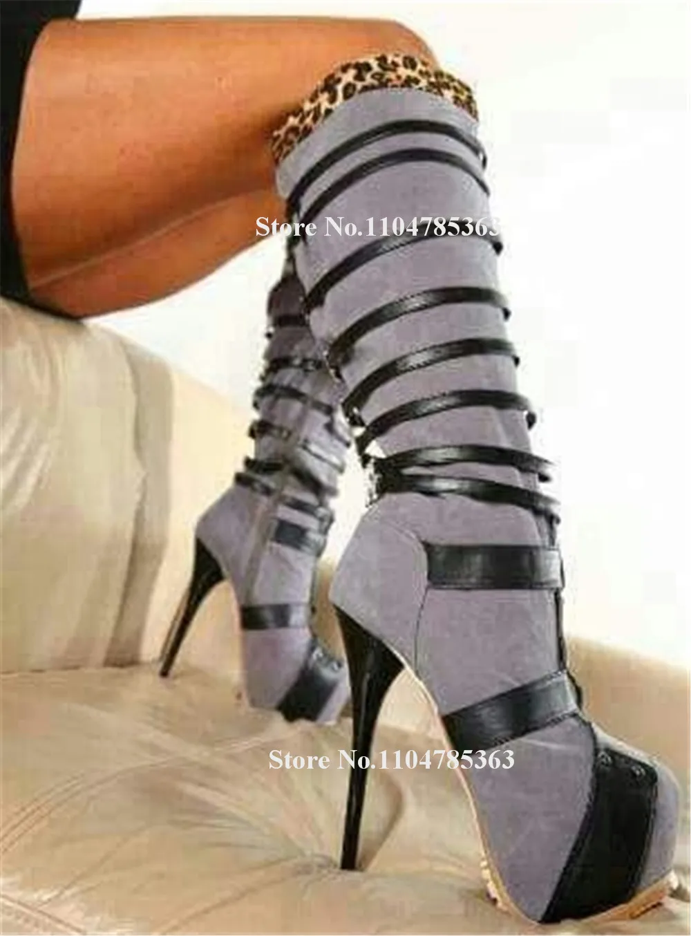 

Western Fashion Grey Blue Patchwork Black Straps Stiletto Heel Knee High Boots Round Toe Suede High Platform Thin Heel Long Boot