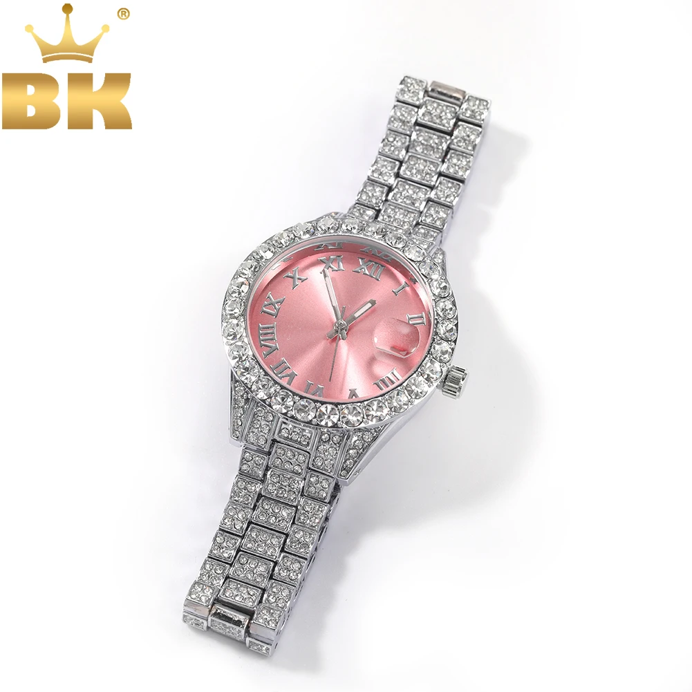 TBTK  Women Watch Baby Pink Dial Iced Out Quartz Clock Luxury Rhinestone Waterproof Wrist Watch Small Size For Women