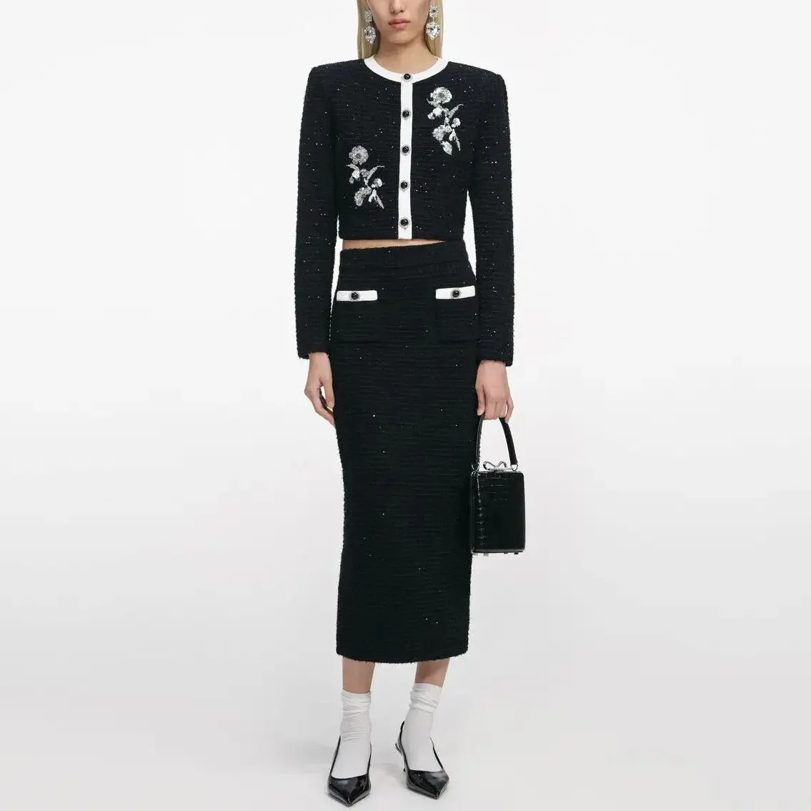 New Arrival Elastic Knit Long Sleeve Embroidered Cardigan with Slim Skirt Set Women's Waistband Outfit