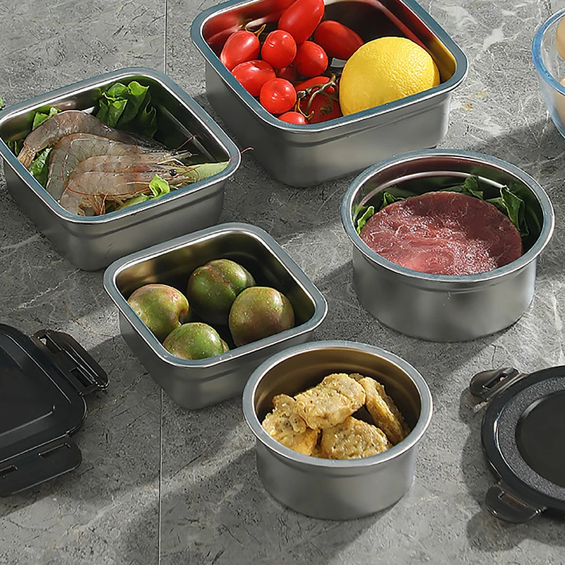 Contenedor de alimentos de acero inoxidable, caja de mantenimiento fresco, tapa sellada, almuerzo, preparación de comidas, refrigerador de almacenamiento, juego de cocina, tazón cuadrado redondo