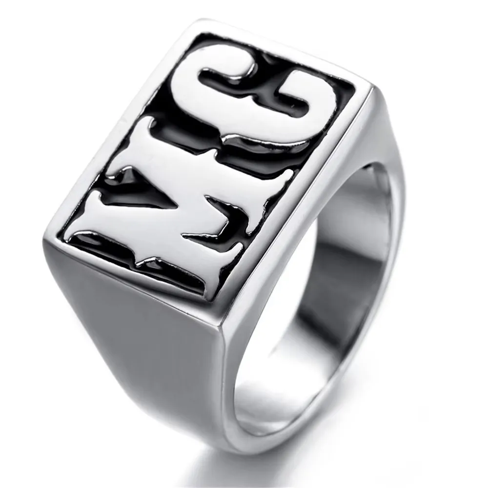 Punk Black Silver color Tone Carved Letter MC Signet Rock N Roll Mens Boys 316L Stainless Steel Ring