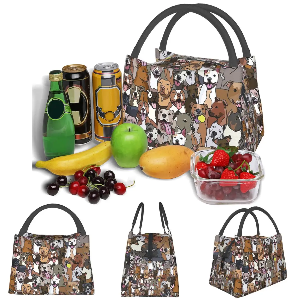 Pitbull Dog Pattern All The Mutts Lightweight Handheld Insulated Lunch Bag Aluminum Foil Liner for Adults Students Travel Picnic