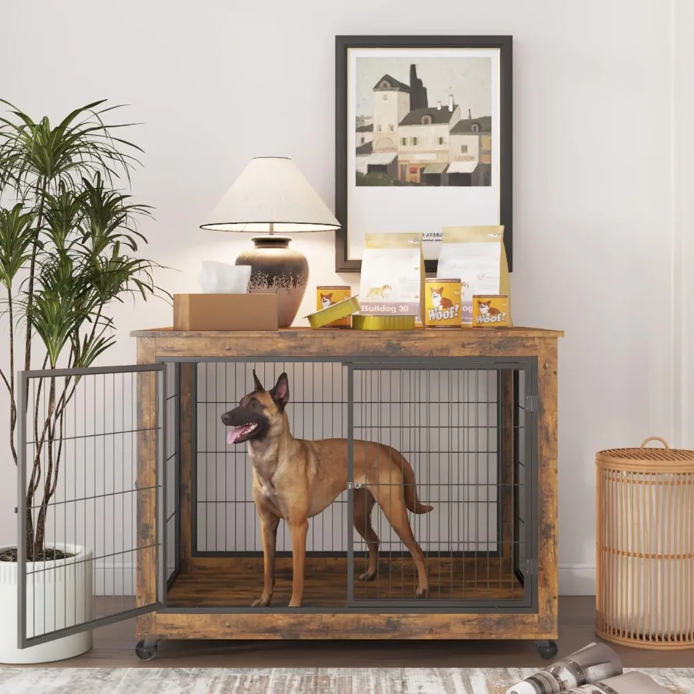 Muebles para cajas para perros, mesa de madera para cajas para perros, perrera de 43,7 pulgadas con 3 puertas, ruedas abatibles con apertura superior, casa decorativa para cajas para mascotas