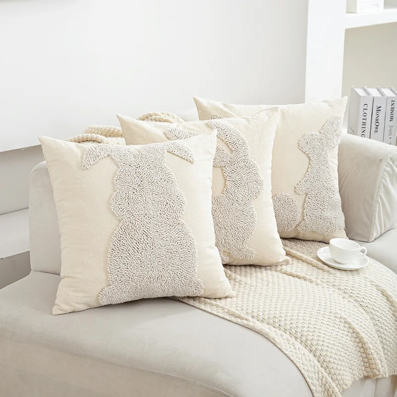 Throw Pillow Cover Christmas Decoration Rabbit Reindeer Winter Plush Farmhouse Home Sofa Living Room 18*18 in