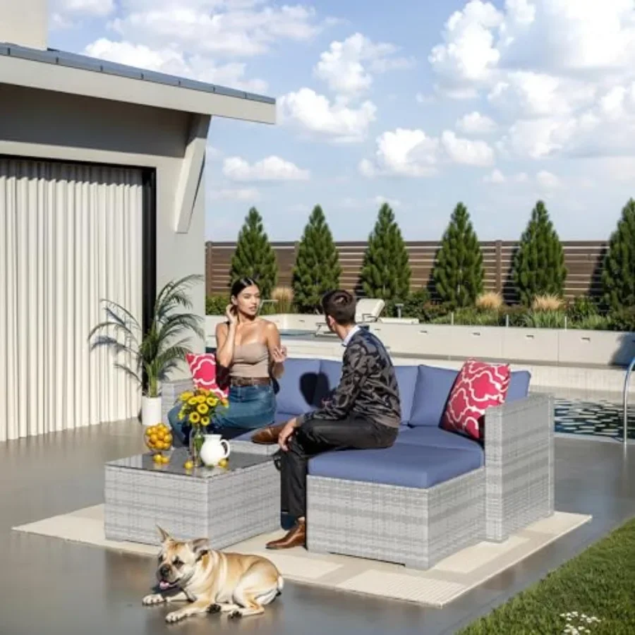 5-Piece Wicker Patio Furniture Set for Deck Backyard Lawn: Grey Wicker with Blue Cushions, All-Weather Outdoor Sectional Sofa R
