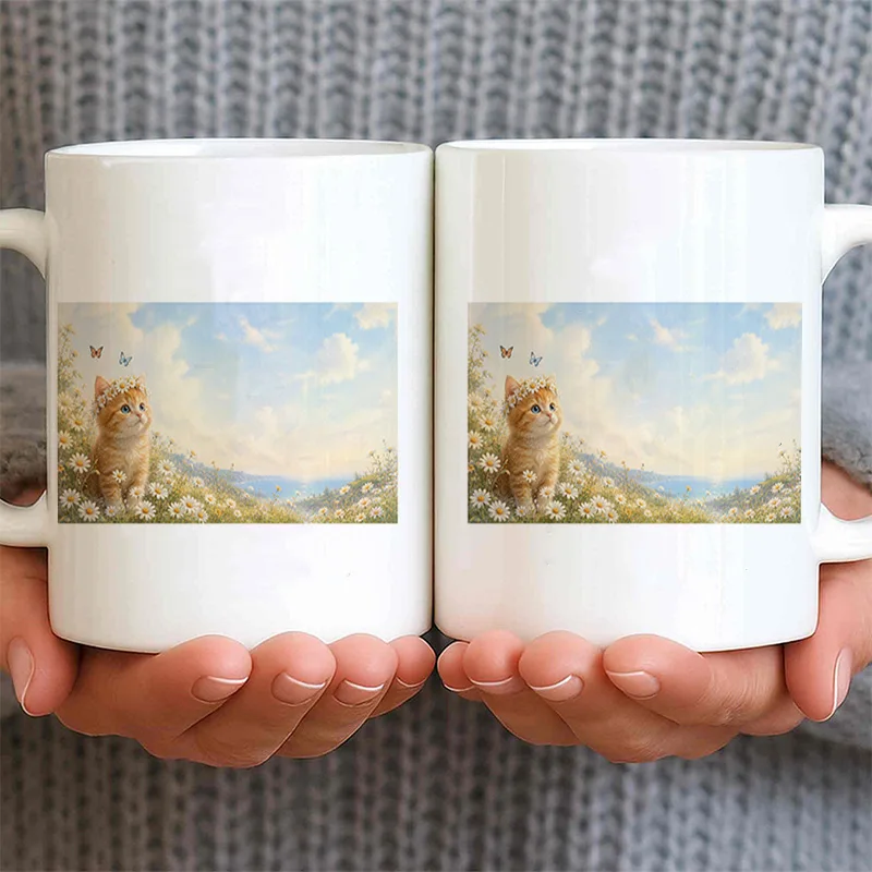 Cute Orange Kitten Daisy Flower Crown Butterfly Ceramic Coffee Mug 11oz 350ml Personalized Custom Colorful Print Microwave Safe