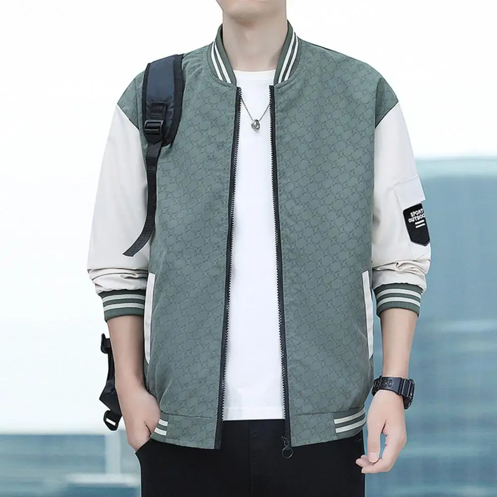 

Men Hooded Jacket Windproof Men Jacket Mid-aged Men's Contrast Color Baseball Jacket with Stand Collar Pockets for Fall