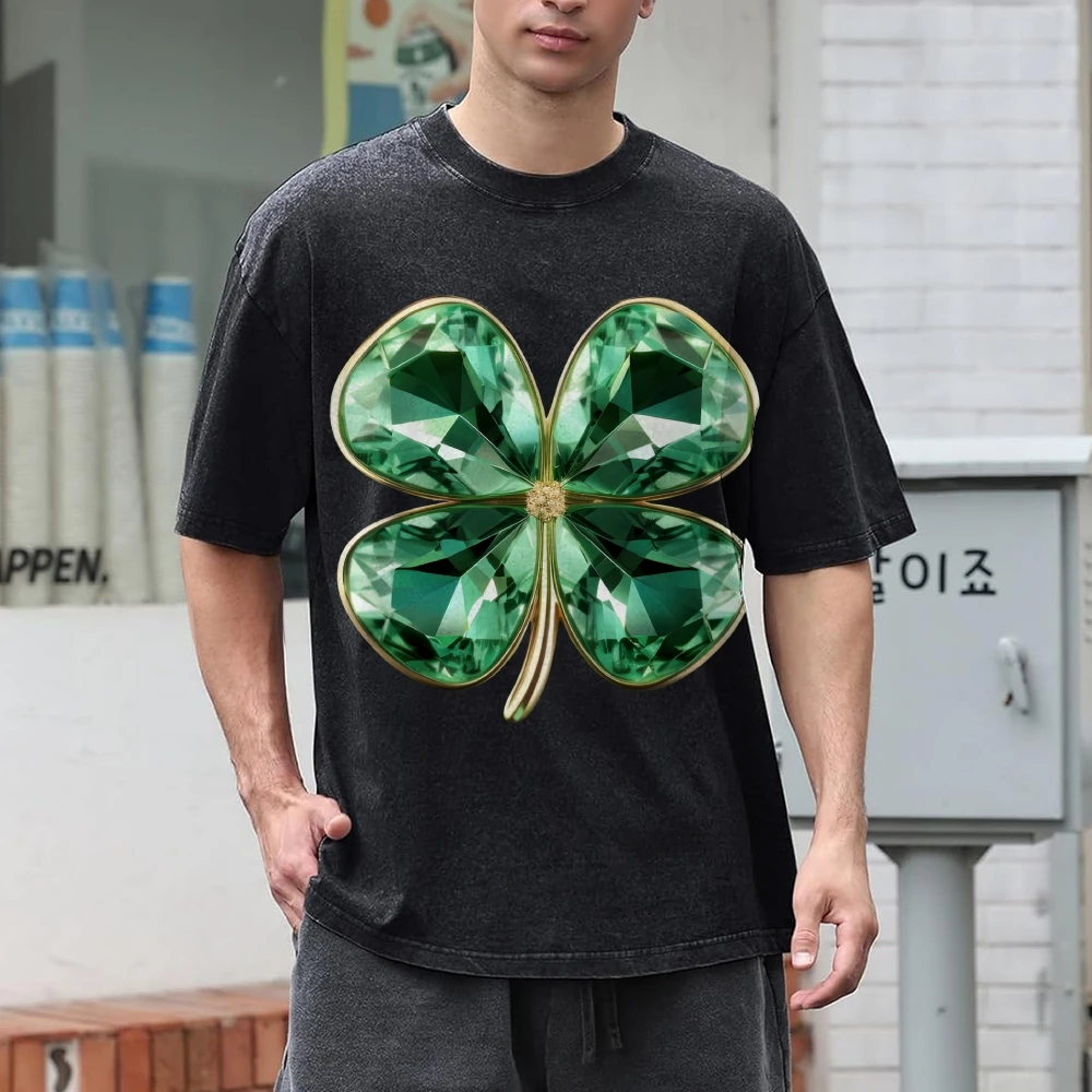 Y2k Graphic T-Shirt Jeweled Clover Print Lucky Sparkling and Eye-Catching Soft Cotton Fabric for Fortune-Themed Casual Looks