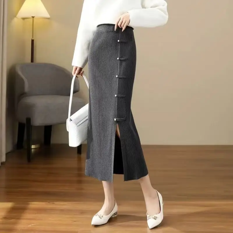 

Women Clothes Spring Autumn Simplicity Elegant Chinese Style Button Solid Color A-line Skirt Temperament Split Fork High Waist S