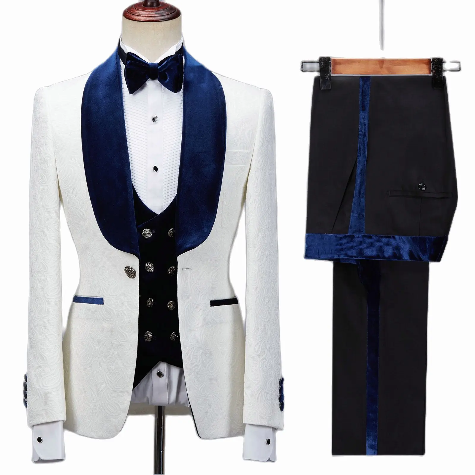 Terno floral justo para homens, smoking de casamento azul marinho, lapela de veludo, trajes de festa do noivo, blazer de melhor homem