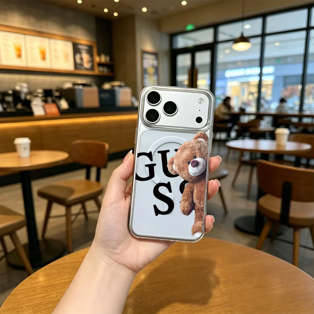 Brown Cartoon Teddy Bear Pattern Phone Case For iPhone 17 16 15 14 13 12 11 Pro Xs Max Plus Air Mini XR X 17e 16e Magsafe Cover