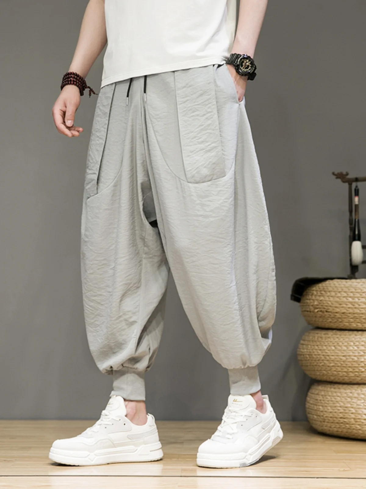 

Мужские летние повседневные брюки-фонари свободного кроя 2025 года, новые китайские шаровары из дышащего тонкого материала, удобные