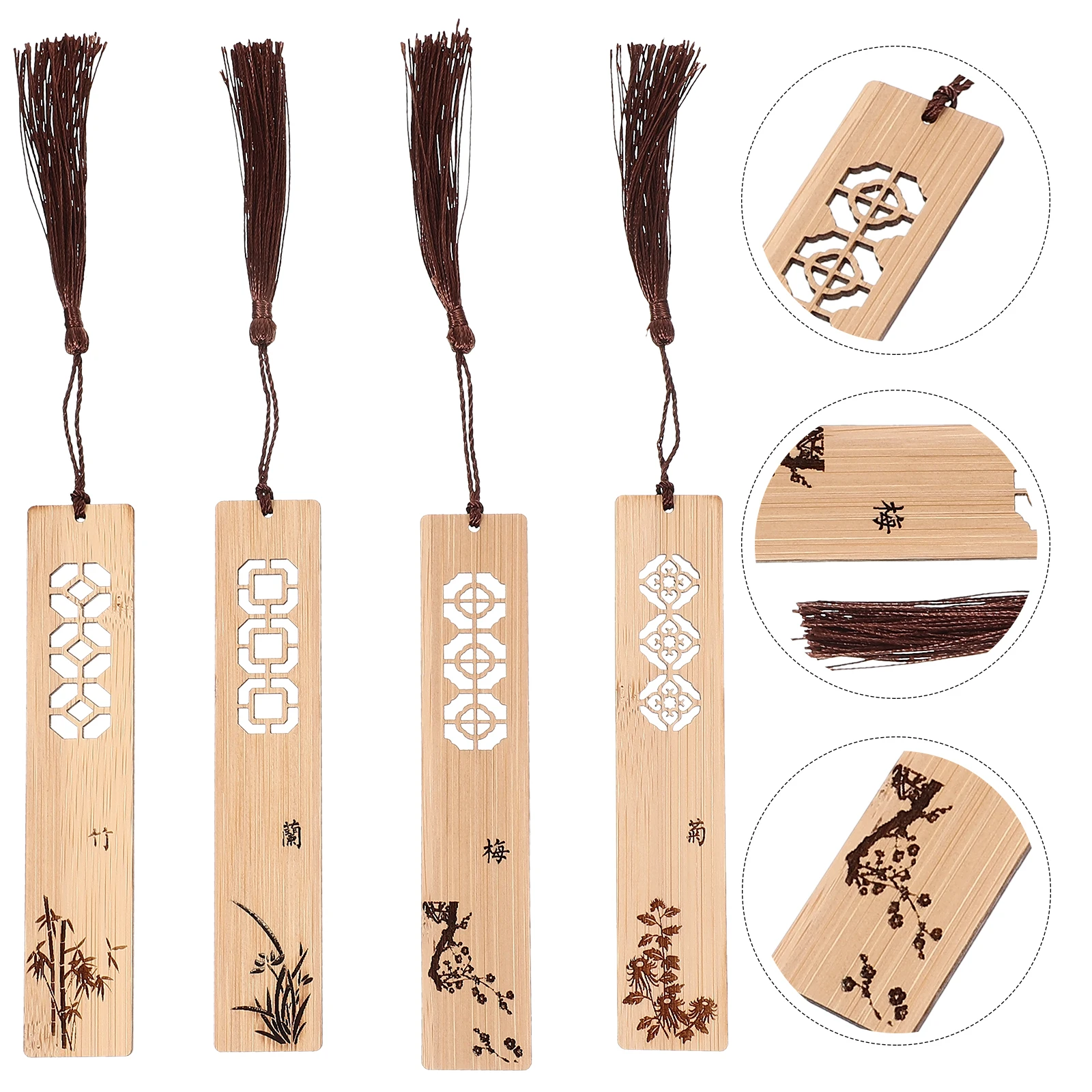 4 Stück Bambus-Lesezeichen, Retro-geschnitzte Etiketten, Holzmarker im chinesischen Stil, leicht, tragbar, Pflaumenblüten, Chids, Chrysantheme
