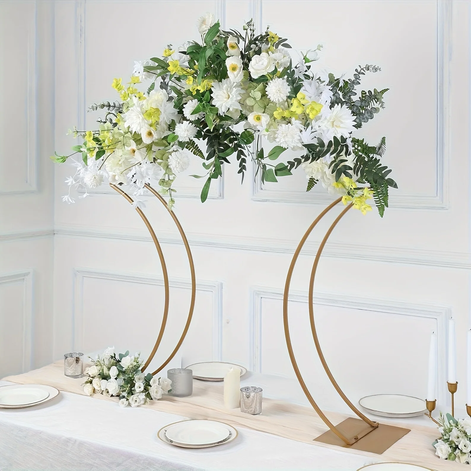 

Golden Metal Floral Arch Frame, Wedding Centerpiece Decoration, Table Stands with Curved Designs, Large Tabletop Displays,