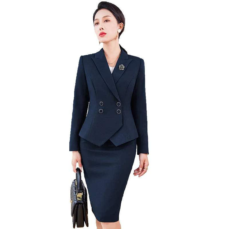 Navy Blue Suits Women 2023 New Spring Autumn Professional Long Sleeve Slim Blazer And Skirt Sets Office Ladies Work Wear Orange