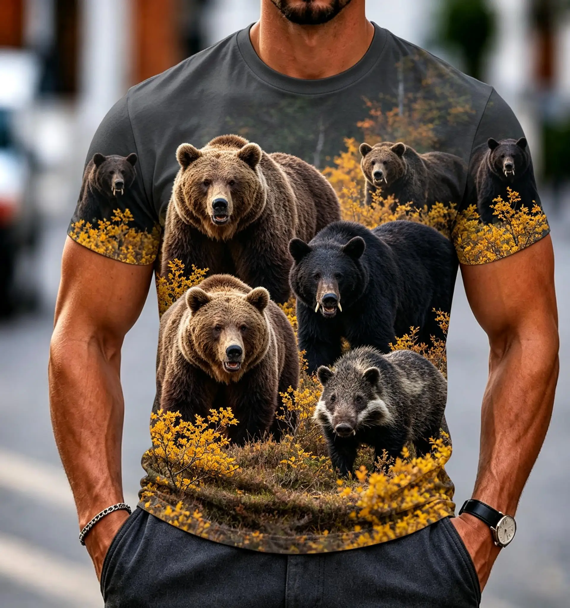Men Wildlife Short Sleeve Tee, Brown Bear Black Forest Animal Allover Print Casual Top
