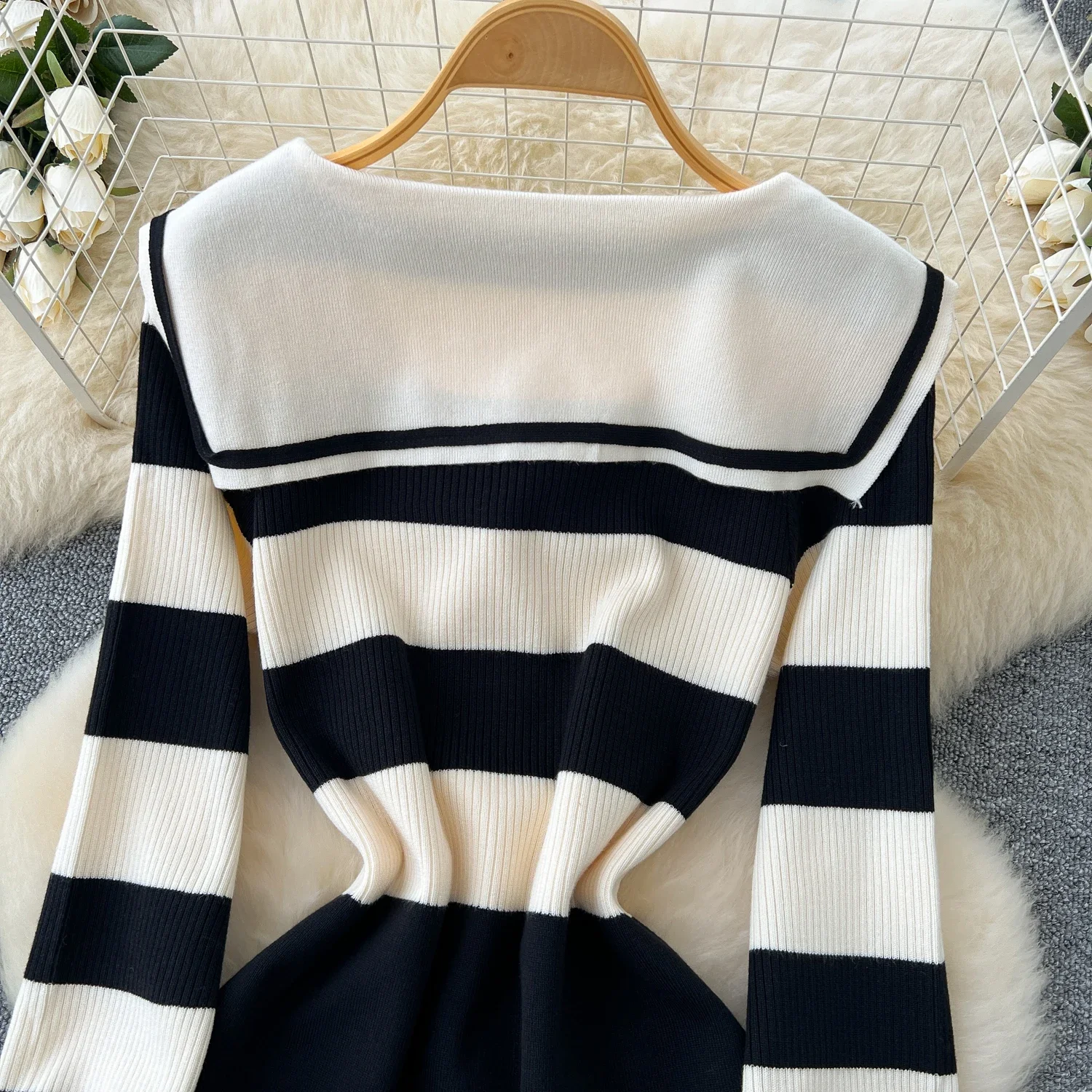 Chic Turn-down Collar Slim Bandage Long Sleeve Patchwork Striped Knit Dress High Street Vintage Women Autumn Winter Clothing