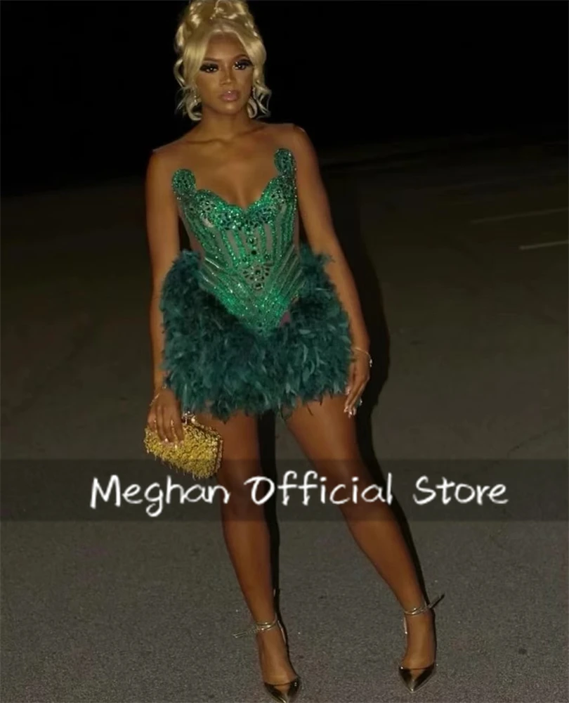 Green O Neck Short Prom Dresses For Black Girls Bead Crystal 2024 Birthday Luxury Dress Feather Graduation Gown Homecoming