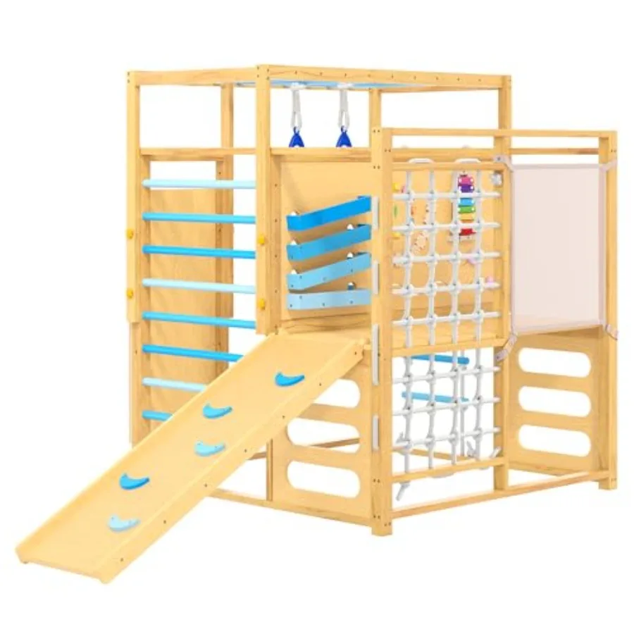 

Деревянный спортивный комплекс Монтессори 9-в-1 для дома и улицы с горкой, перекладинами, веревочной лестницей и скалодромом для детей 2-8 лет