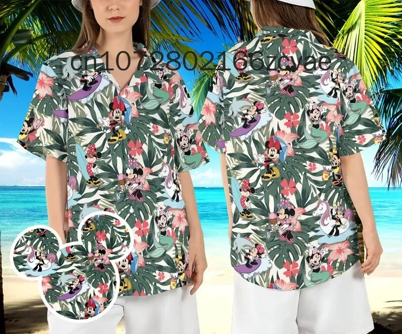 Chemise hawaïenne bohème pour hommes et femmes, chemise de plage, tureMouse, château magique, Disney, Minnie