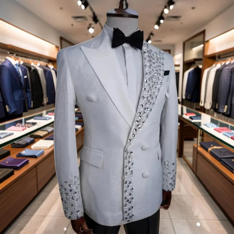 

Luxury Wedding Men Suit Jacket Double Breasted Tuxedo Blazer Fashion Design Crystal Beads White Floral Blazer 1 Piece