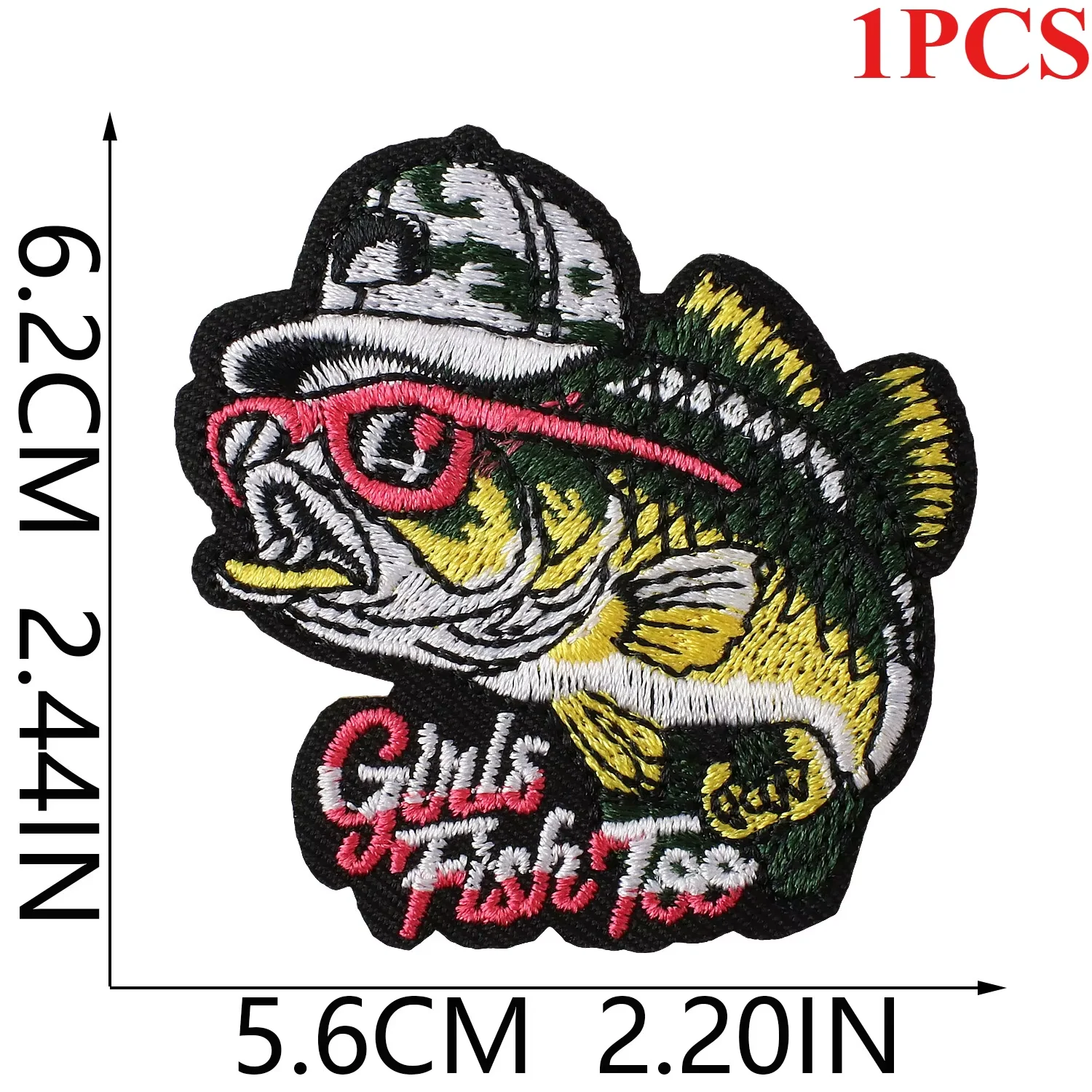 1PCS Retro American Fishing Embroidered Patches, Iron on Fish Gator Lobster Strawberry Skull Appliques for DIY Denim Bags