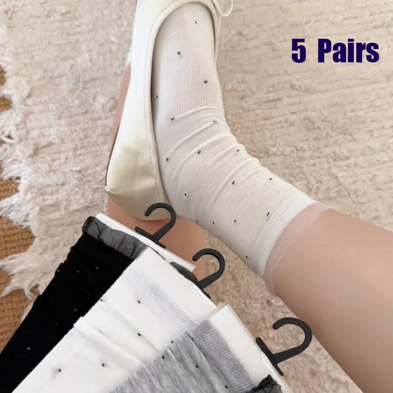 Women's 5-Pack Polka Dot Slouch Calf Socks Tulle Ruffle Edge Soft Cotton Frilled Balletcore Daily Casual Sweet Wear
