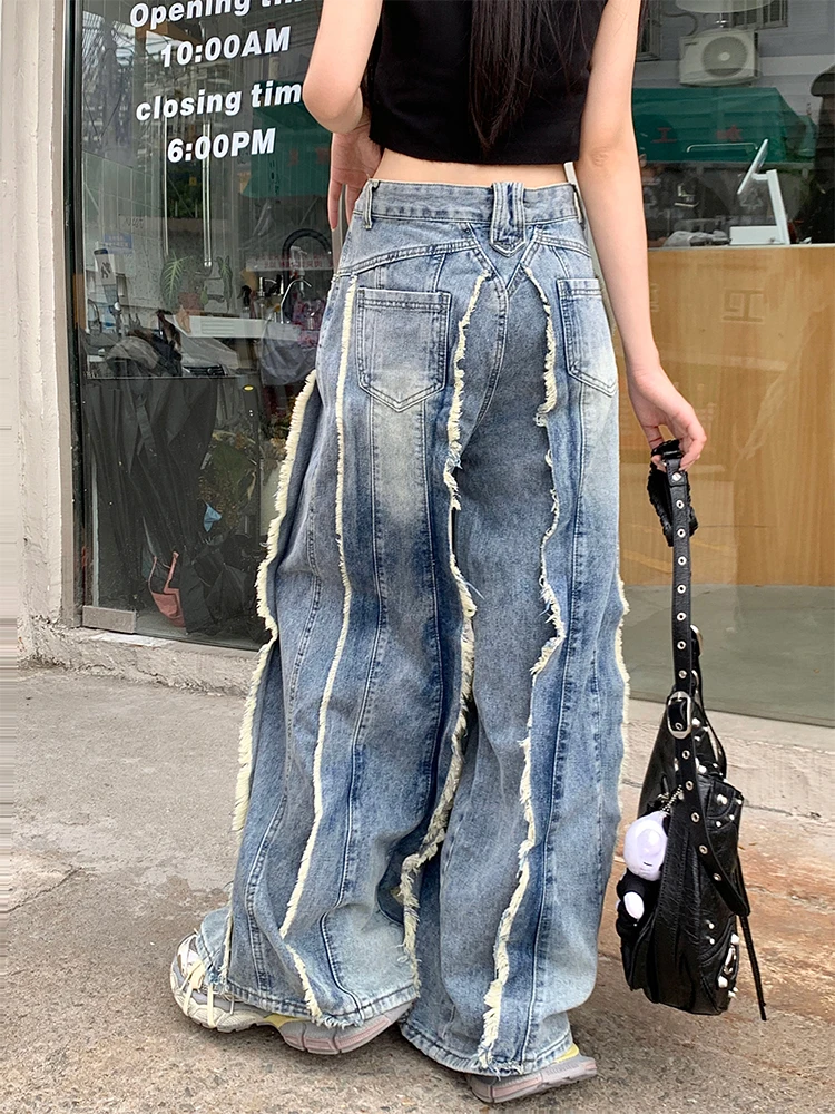 Women's Baggy Tassel Jeans Harajuku Oversize Denim Trousers Y2k Aesthetic Vintage Japanese 2000s Style Jean Pants Trashy Clothes