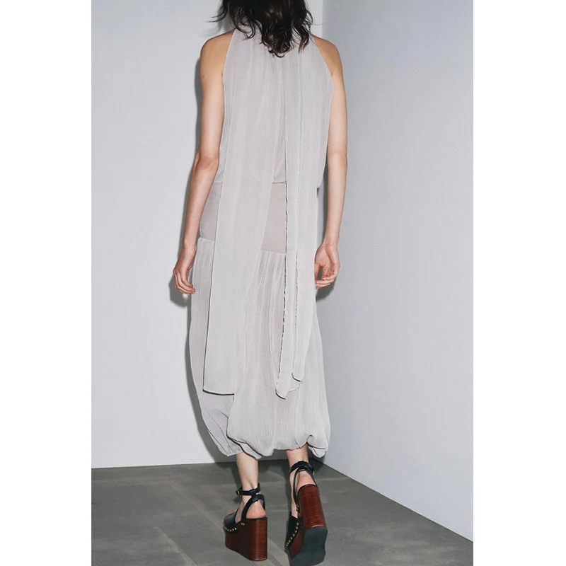 Summer New Women's Comfortable Casual One-Piece Dr Silk No-Sve Collar  Knot Polyester Fiber High Waist Long Pants