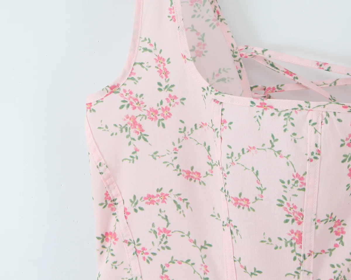 2025 Sweet Pink Floral Print Square Collar Tank Dress Women Cross Lacing up Bandage Back Swing A line Midi Long Dresses Robe