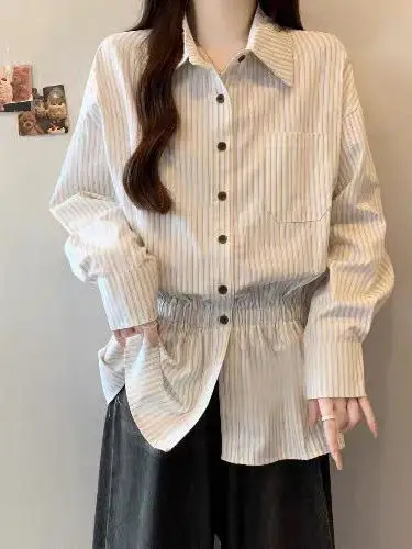 

Женская приталенная полосатая блузка с длинным рукавом, французский стиль, свободный крой, из дышащего полиэстера, корейская версия