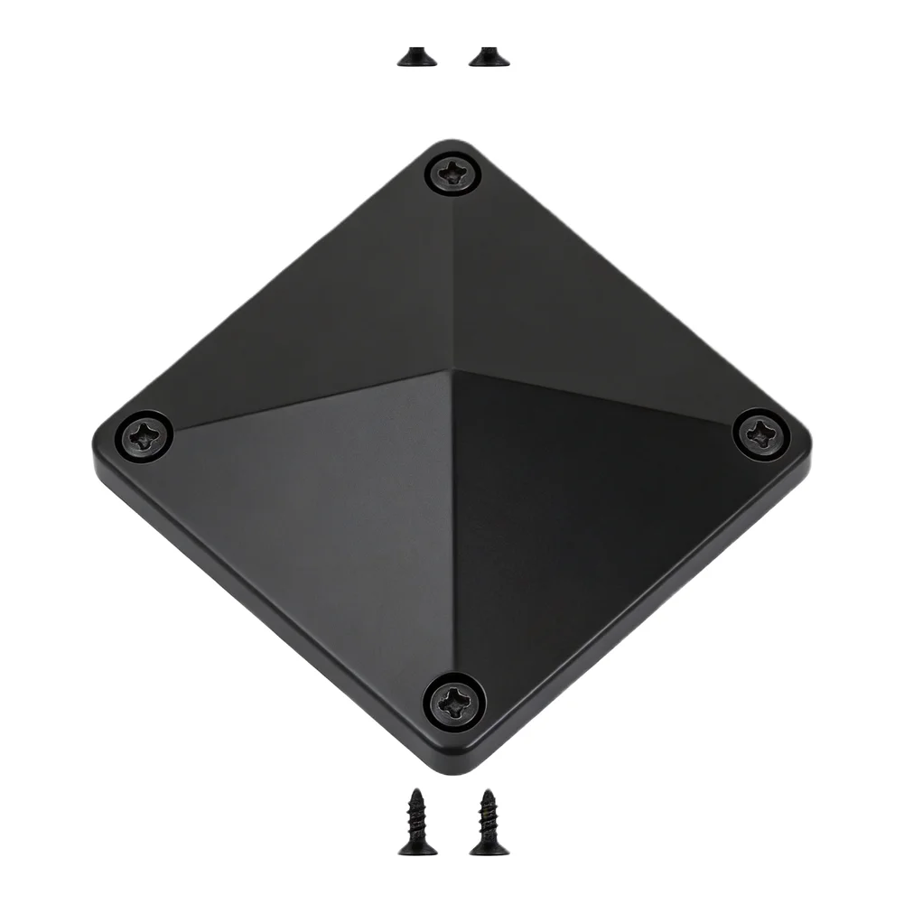 Heavy Duty Black Plastic Fence Post Cap with PreDrilled Holes in a Modern Pyramid Shape Designed for 4x4 Inch Posts Protection