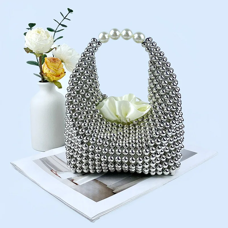 Luxury Design Handmade Silver Acrylic Beaded Handabg for Women Hand-woven Small Evening Bag Dinner Party Clutch Purse 2024 New