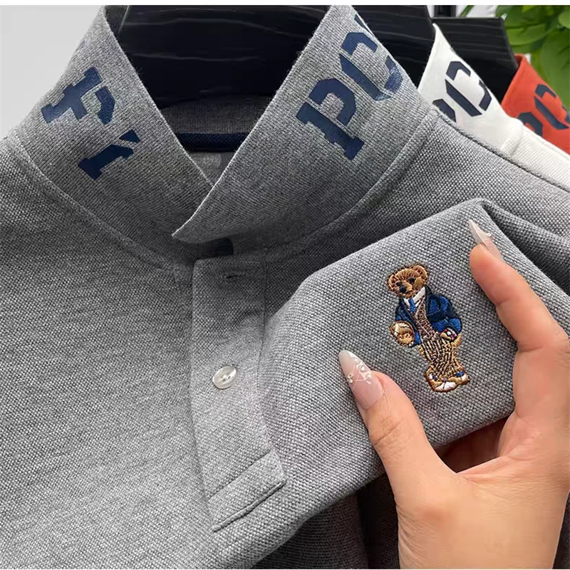 العلامة التجارية الفاخرة قميص بولو رجالي التلبيب الدب التطريز طباعة طويلة الأكمام 100 القطن تي شيرت الخريف الأعمال موضة رائعة الرجالية #1