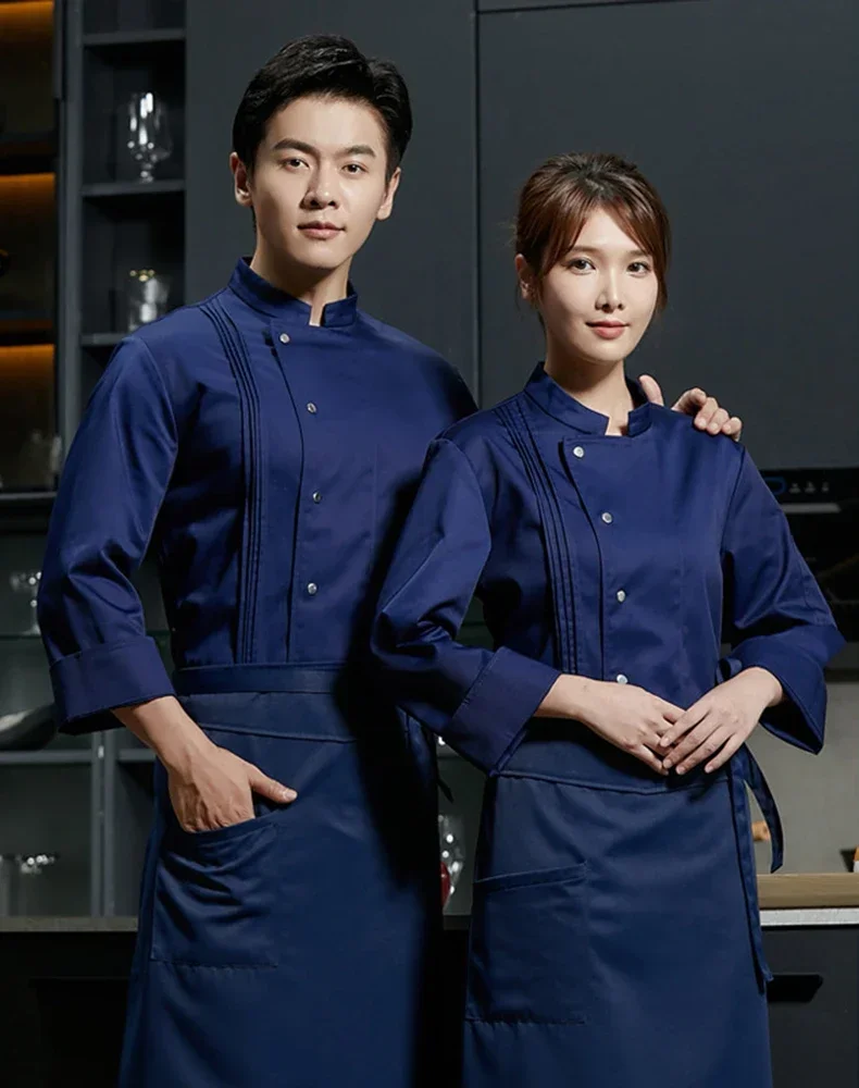 シェフ制服長袖セットレストランホテルキッチン作業服男性と女性の通気性の薄いジャケット + エプロン 2 点セット