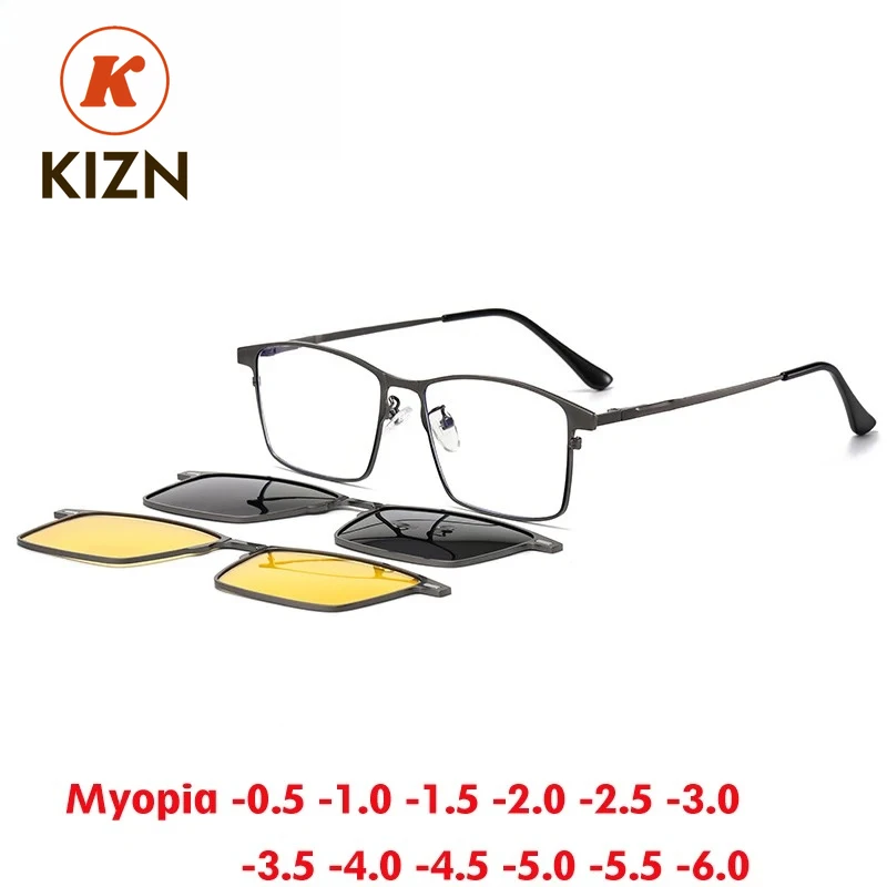 

KIZN 3 в 1, квадратные поляризационные солнцезащитные очки для близорукости, мужские и женские очки с обесцвечиванием по индивидуальному заказу, оптика по рецепту, оправа для очков от -0,5 до -10