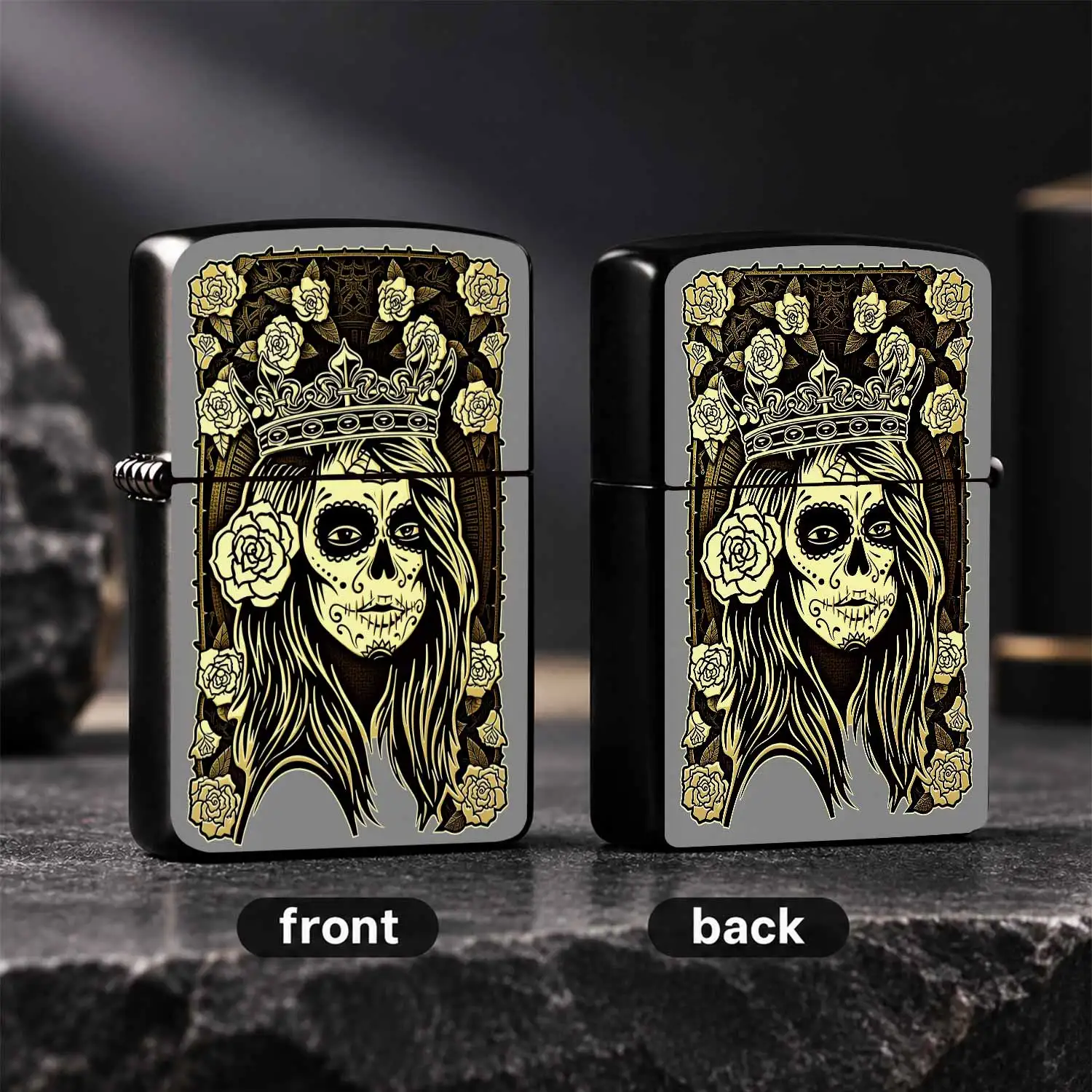 Vintage Day Of The Dead Crown Rose Pattern Lighter, Retro Linocut Art Style Unique Decor Accessory, Ideal For Daily Use Gifting And Personalfor All Occasions   A Humorous And Interesting Lighter