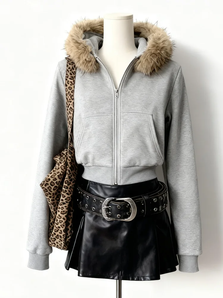 

American Vintage Faxu Fur Jacket Hooded Women 2025 Autumn Coats Outwear Design Subculture Zipper Gothic Sweatshirts Harajuku
