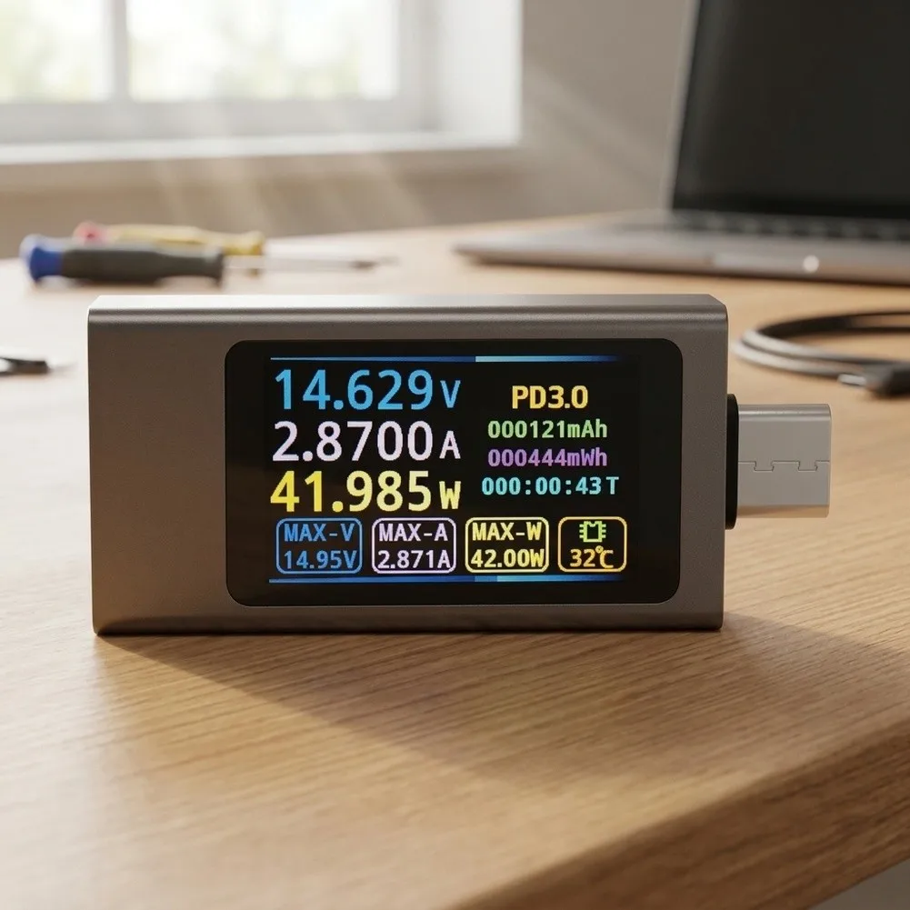 Home Use Voltage Ammeter Real-time Monitoring 12A High Current 240W Cable Test Aluminum Shell Dustproof Design