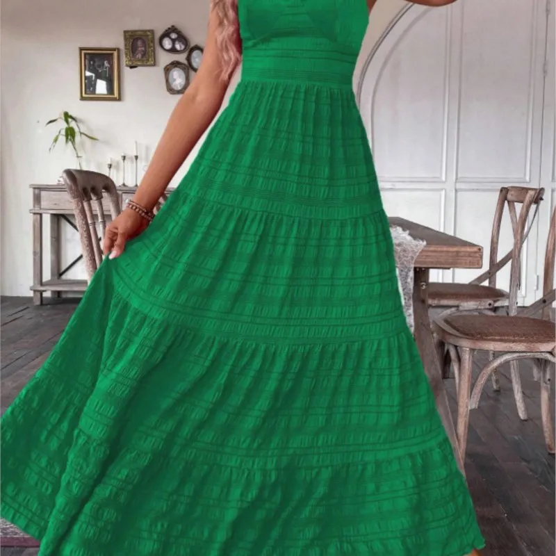 

2025 New Women's Long Dresses Summer Fashion Casual Elegant Solid Color Ruffle Sleeveless V-Neck Maxi Backless Dress