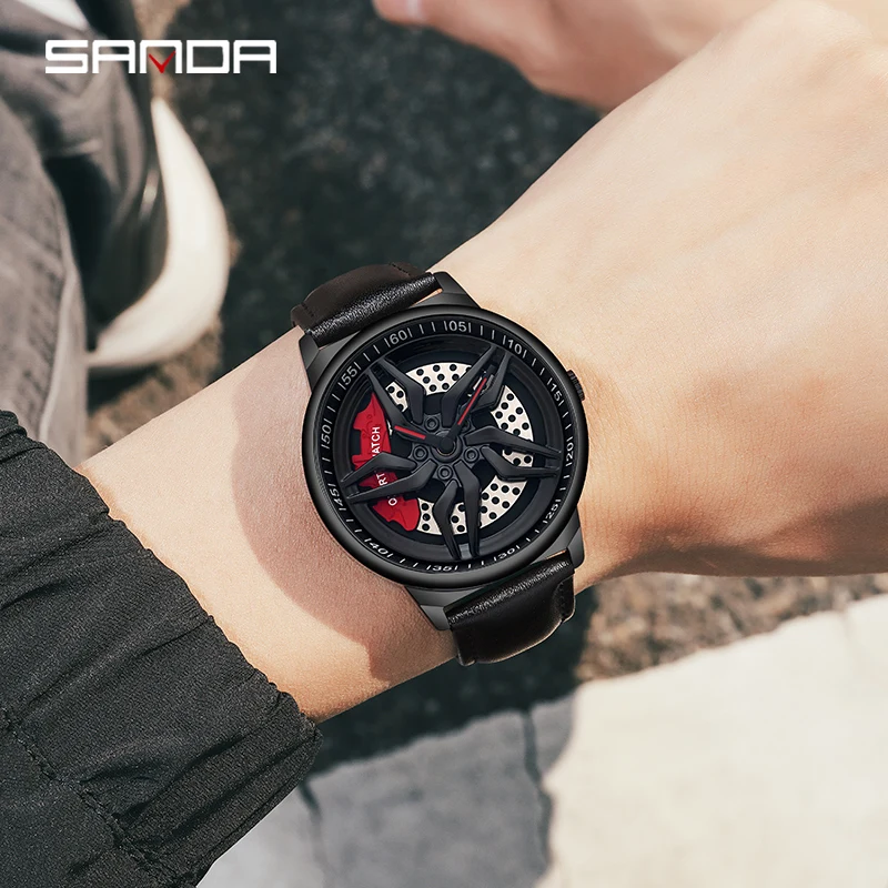 SANDA P1062 Original Leather 3D Watches Rim Watch Hub Custom Design Sports Waterproof Creative Male Clock Mens Wheel Wristwatch