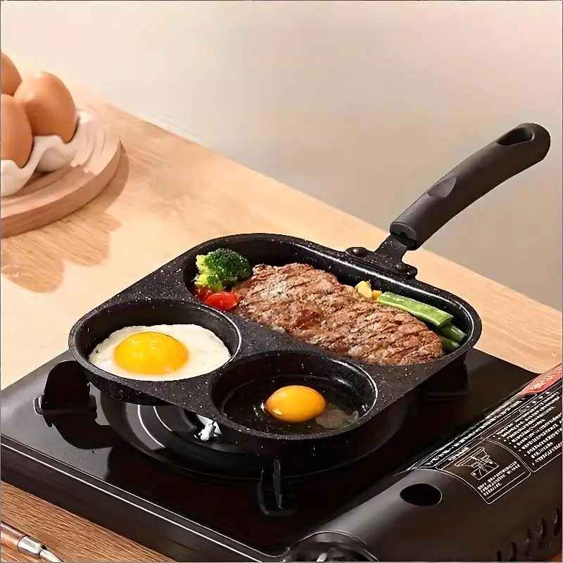 Iron 3/4 Section Divided Egg Frying Pan Scratch Resistant Non-Stick Grill Pan for Kitchen Steak Pancake