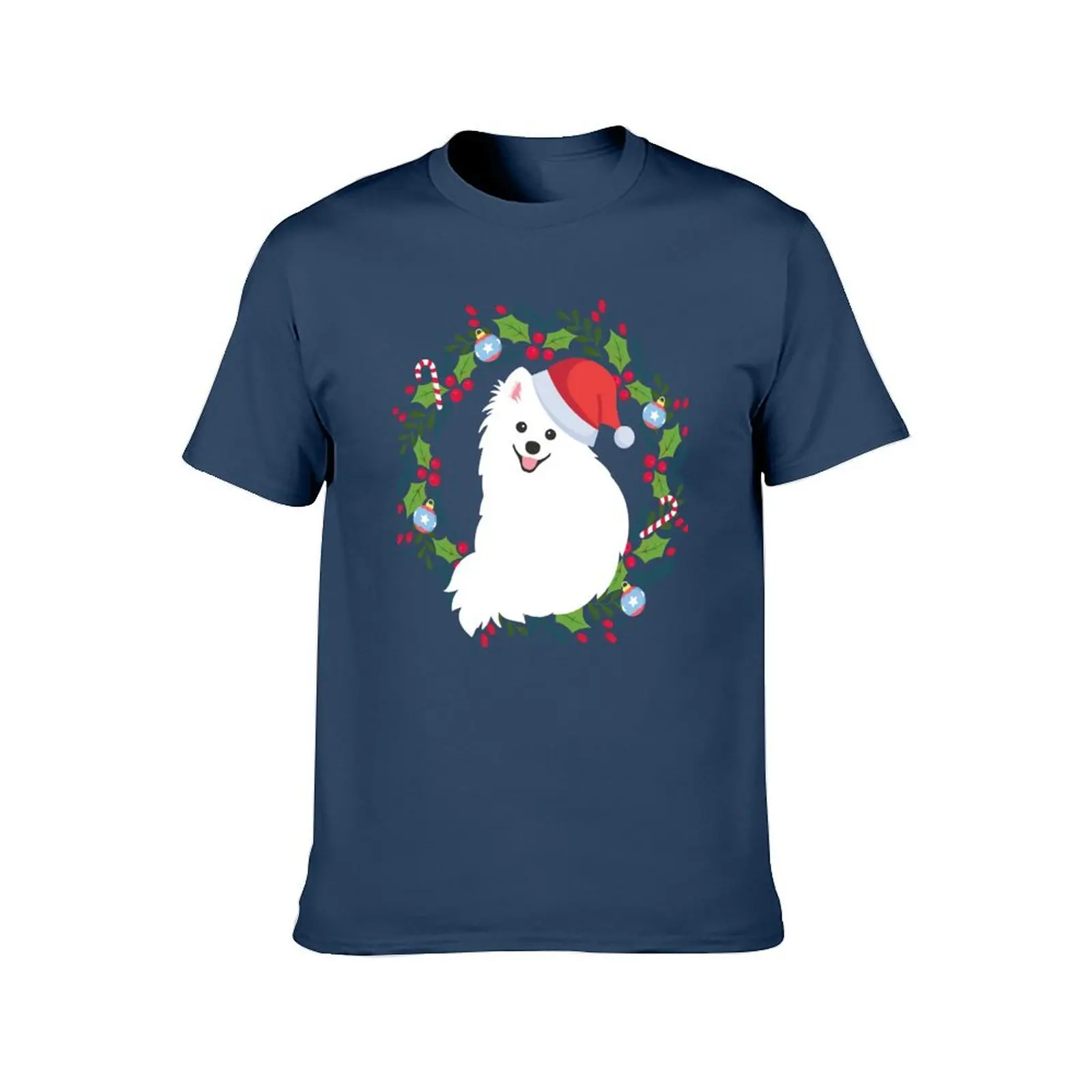 Japanese Spitz Dog Santa in Christmas Wreath - Kamahachi Green T-Shirt plus size clothes summer top clothing for men