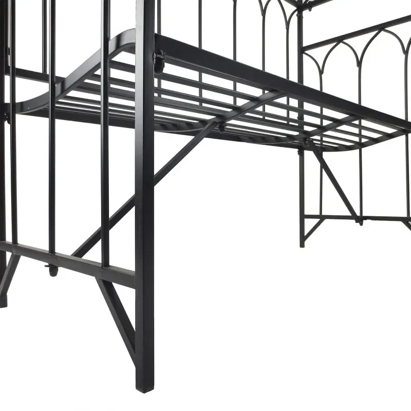 Idyllic wrought iron with seat arch, outdoor garden grass vine climbing frame