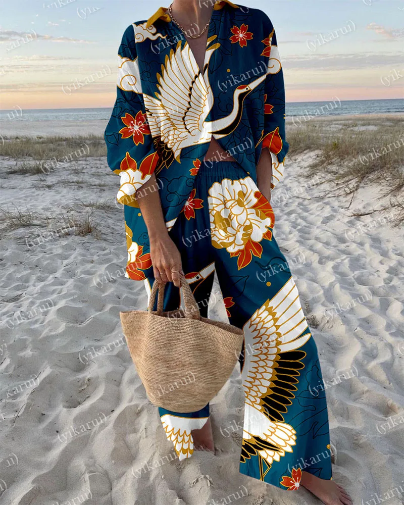 

Fashion Print Beach Holiday Pants Sets For Women Spring Summer Long Sleeve Shirt Top High Waist Wide Leg Trousers 2 Piece Set
